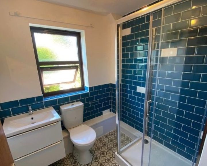 A new bathroom installation featuring vinyl flooring, blue tiled walls, a walk-in shower enclosure and a new WC and sink.