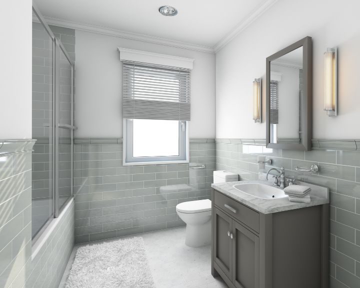 A modern bathroom design featuring grey wall tiling, grey bathroom cabinets and a new toilet and shower over bath.